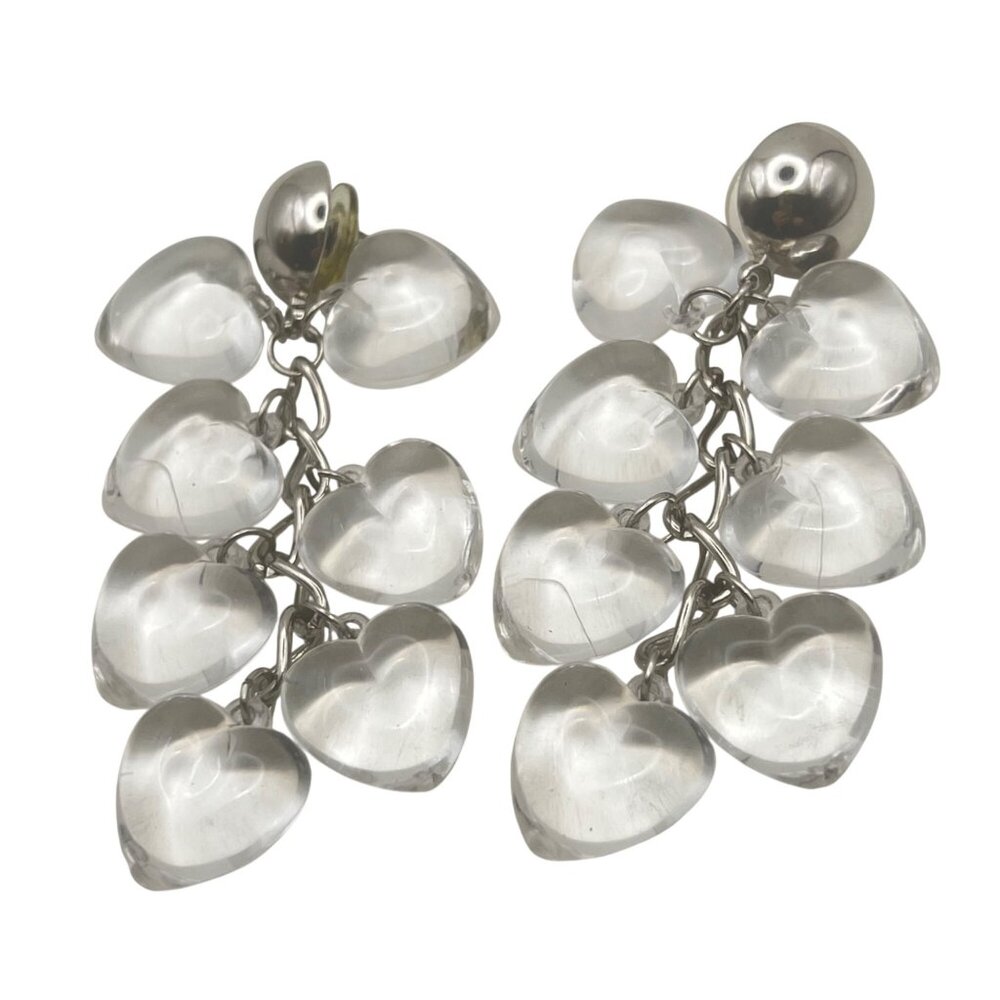 Vintage Clear Lucite Earrings Puffy Heart Silver-Tone Dangling 3" Y2K Statement - Picture 3 of 8